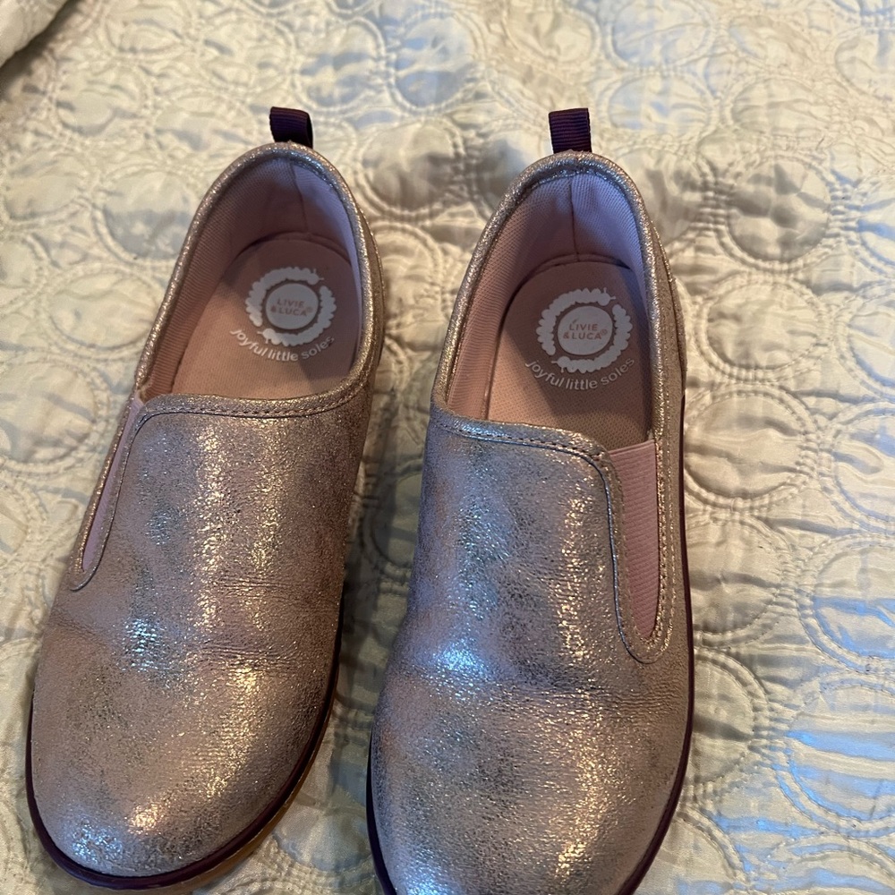 Livie and Luka worn once pink gold slip on shoes. Size 3yr.